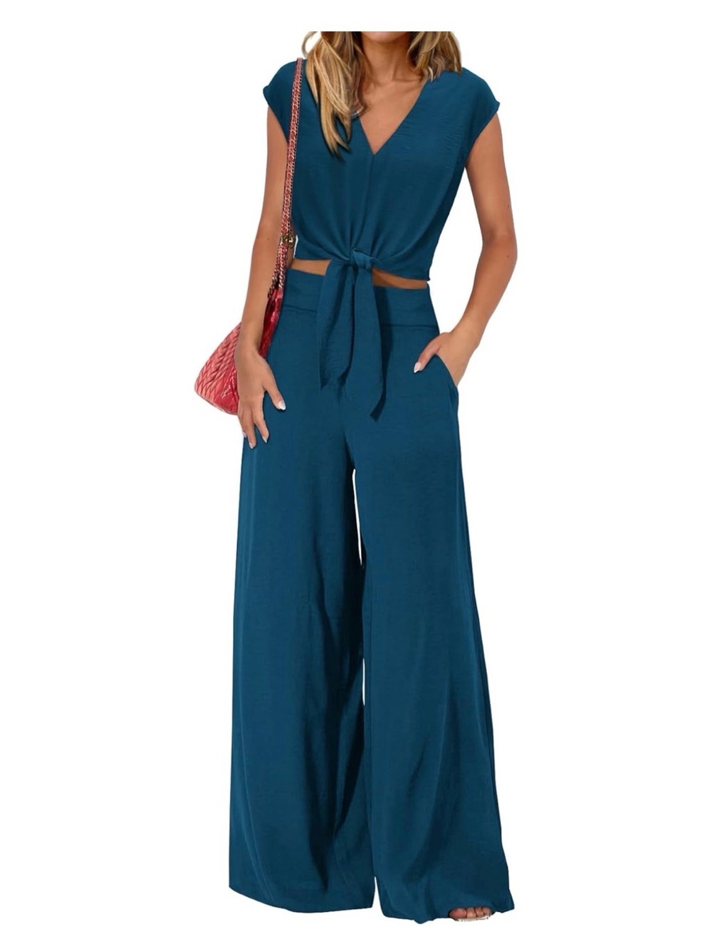 Wide-Leg Tie-Front Two Piece in Teal